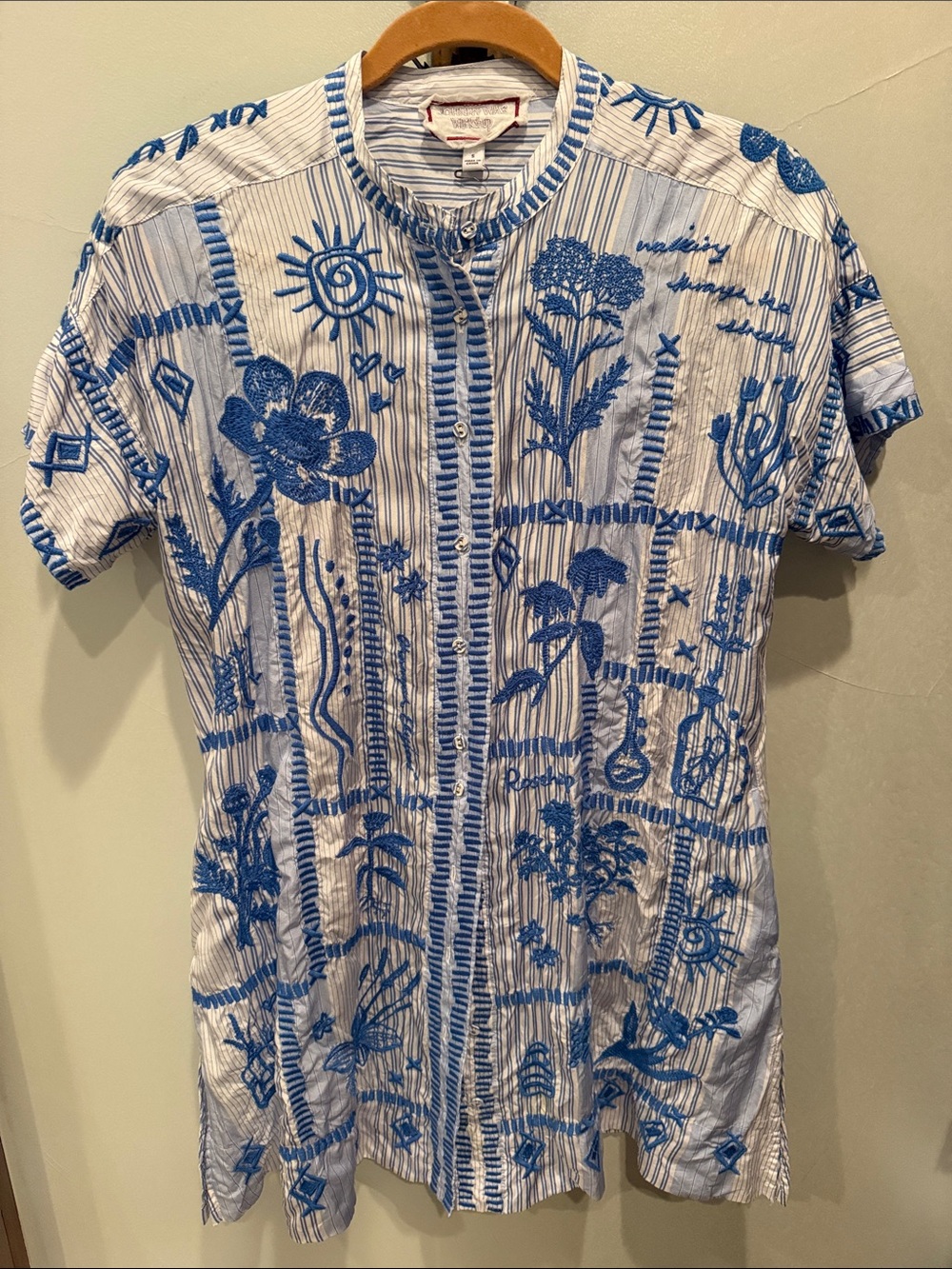 Johnny Was White Tunic with Blue Floral Embroidery